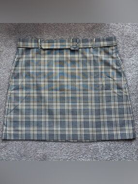 NWT Loft Grey Yellow Plaid Belted A-Line Mini Skirt Size 16